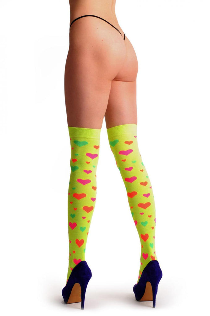Liss Kiss Fluorescent Yellow With Orange Green & Pink Hearts - Over The Knee Socks