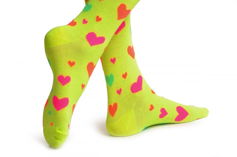 Liss Kiss Fluorescent Yellow With Orange Green & Pink Hearts - Over The Knee Socks