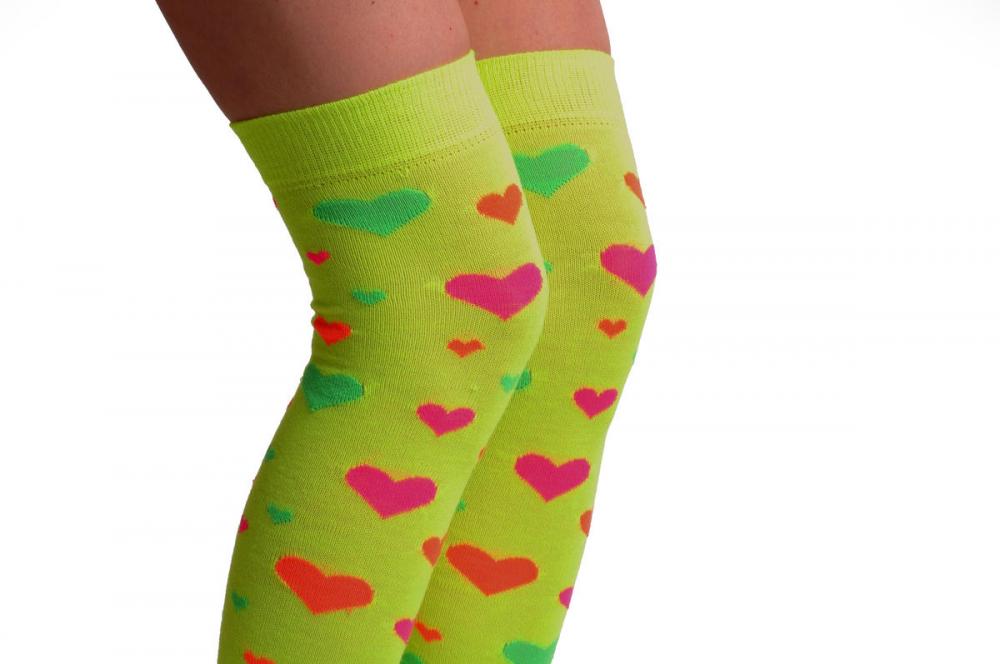 Liss Kiss Fluorescent Yellow With Orange Green & Pink Hearts - Over The Knee Socks