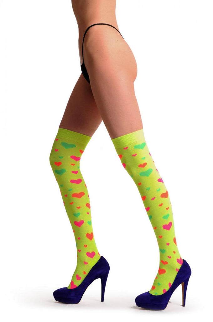 liss kiss Fluorescent Yellow With Orange Green & Pink Hearts - Over The Knee Socks