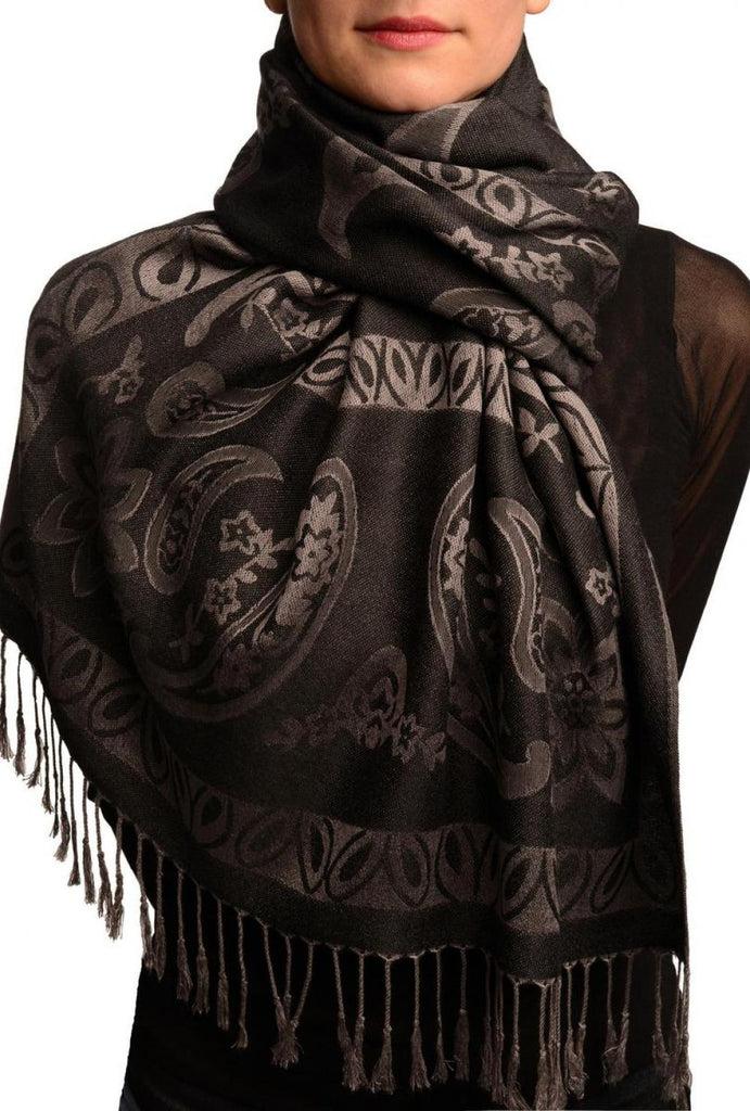 liss kiss Frames and Paisleys On Black Pashmina Feel With Tassels - Scarf