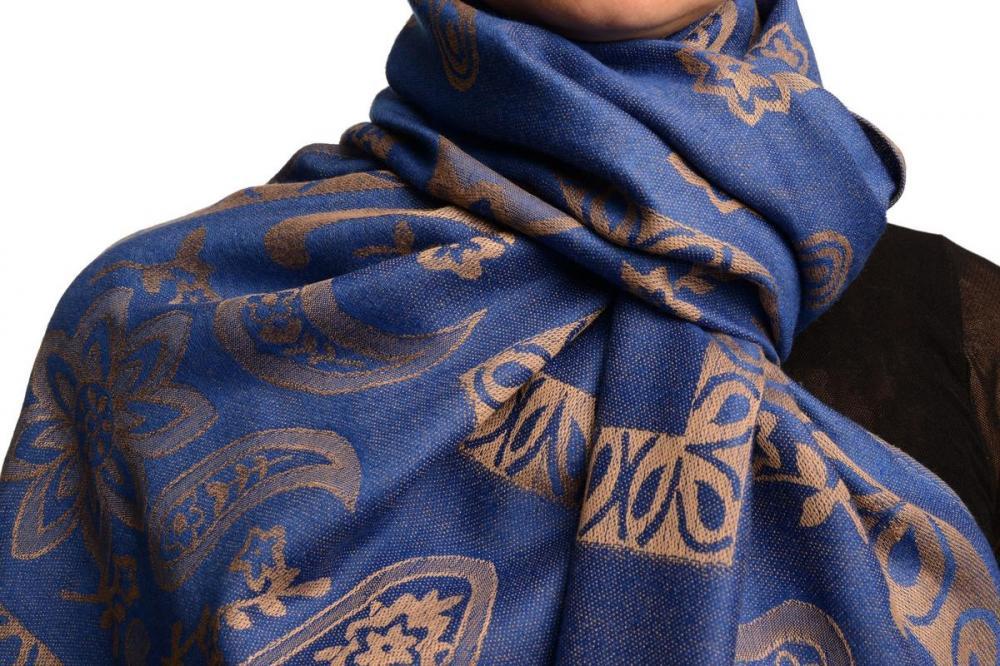 Liss Kiss Frames And Paisleys On Blue Pashmina Feel With Tassels - Scarf