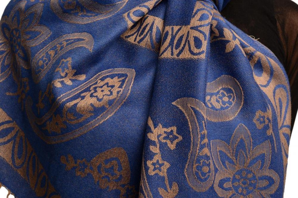Liss Kiss Frames And Paisleys On Blue Pashmina Feel With Tassels - Scarf