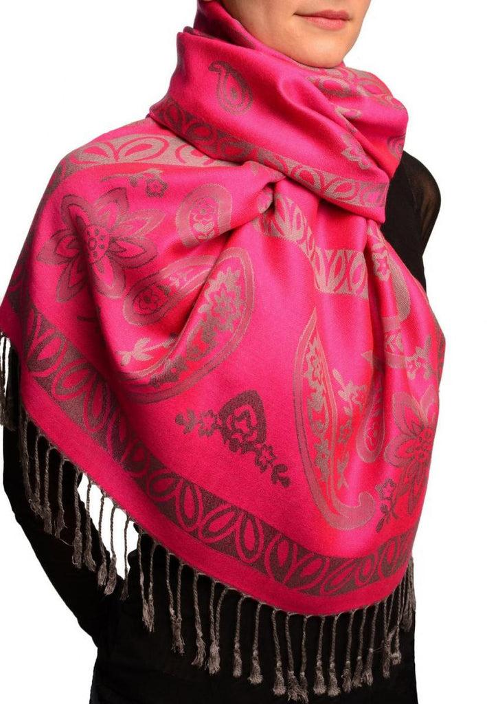 Liss Kiss Frames And Paisleys On Fuchsia Pink Pashmina Feel With Tassels - Scarf