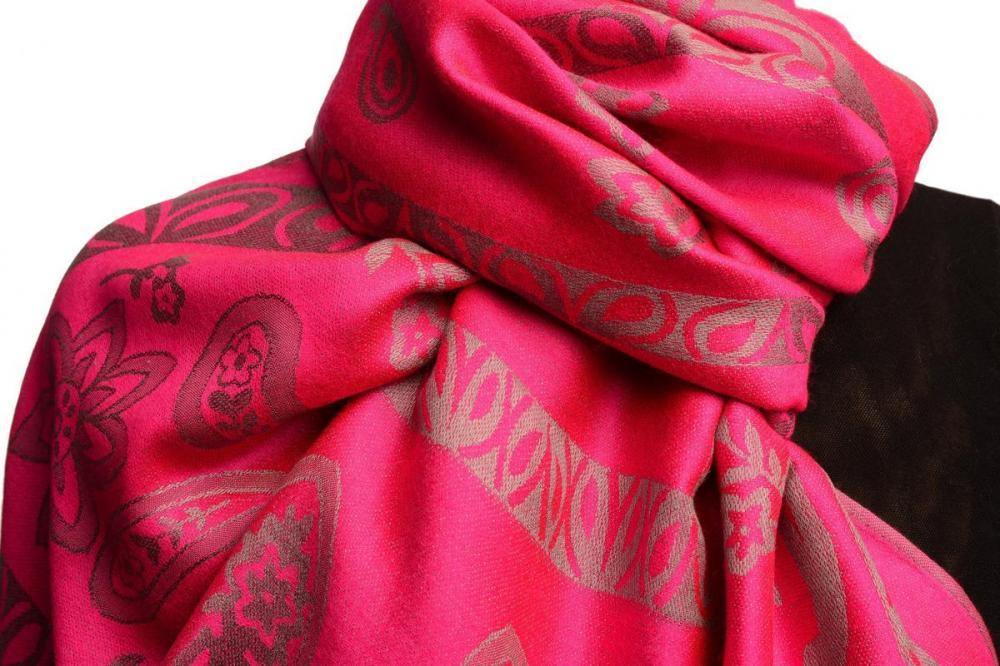 Liss Kiss Frames And Paisleys On Fuchsia Pink Pashmina Feel With Tassels - Scarf