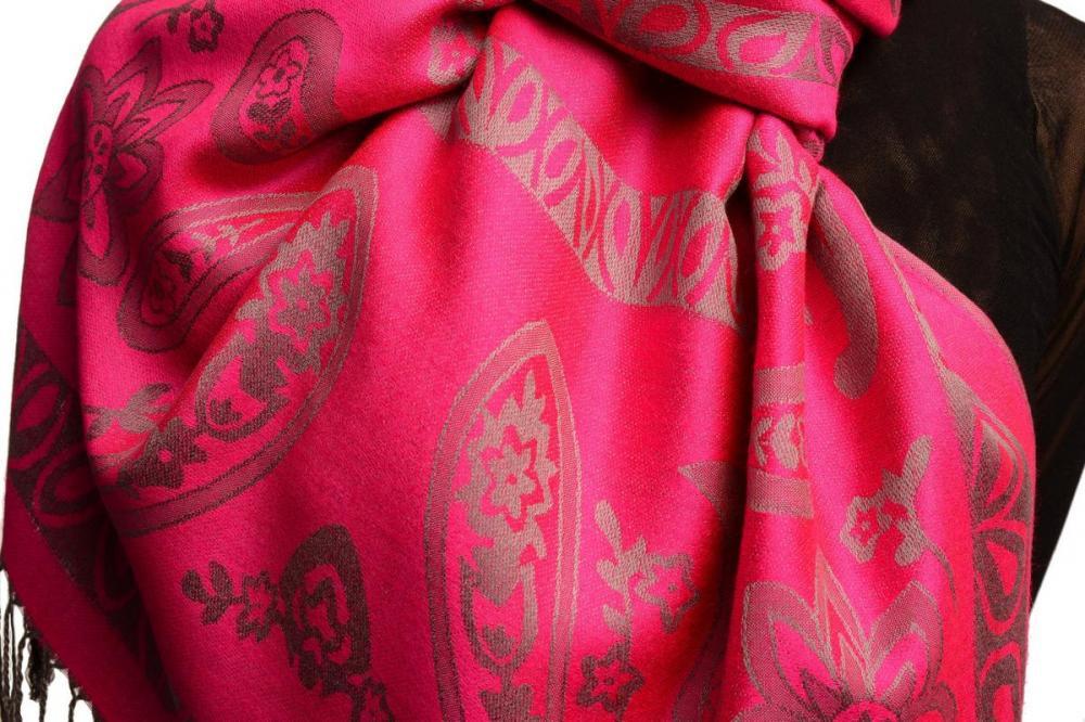 Liss Kiss Frames And Paisleys On Fuchsia Pink Pashmina Feel With Tassels - Scarf