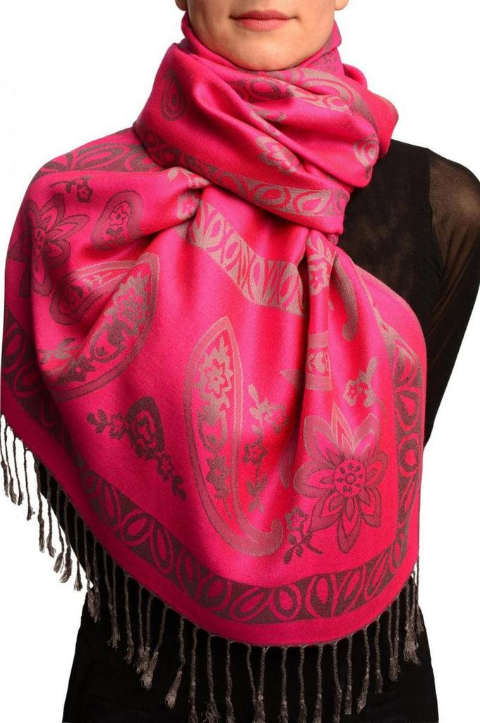 liss kiss Frames and Paisleys On Fuchsia Pink Pashmina Feel With Tassels - Scarf