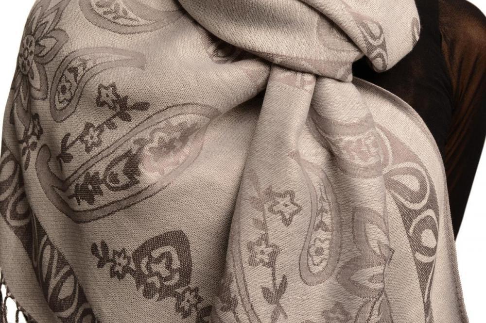 Liss Kiss Frames And Paisleys On Grey Pashmina Feel With Tassels - Scarf