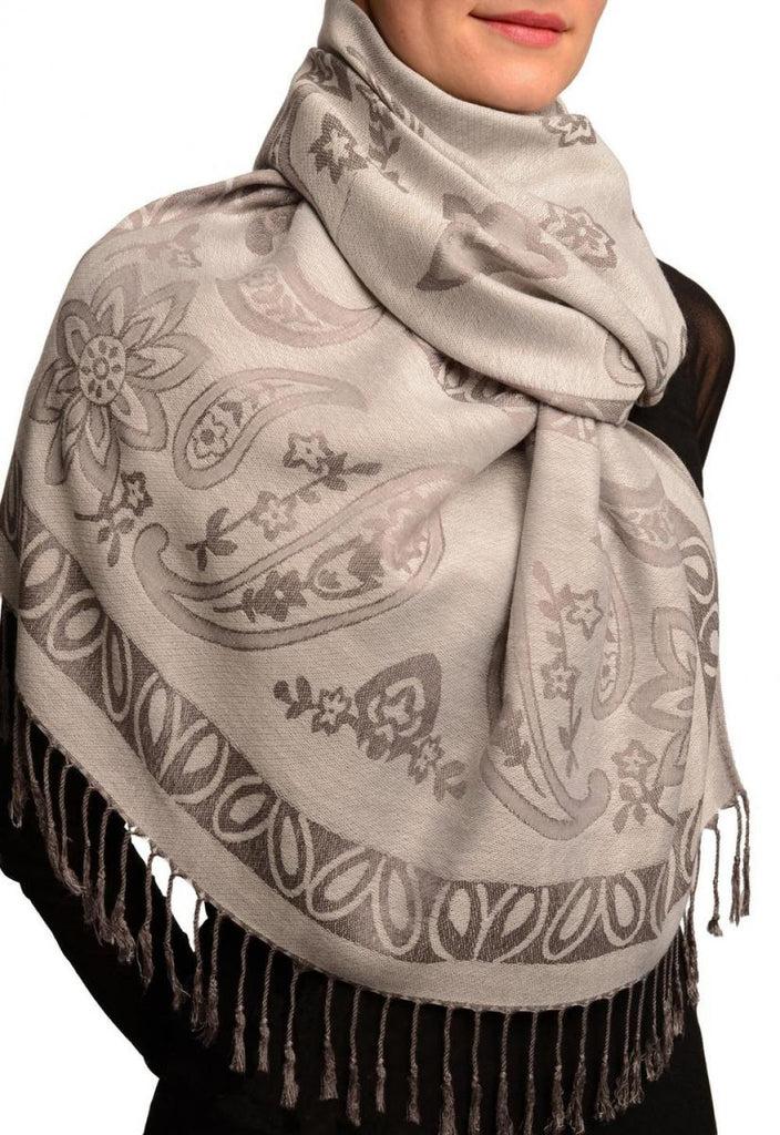 Liss Kiss Frames And Paisleys On Grey Pashmina Feel With Tassels - Scarf