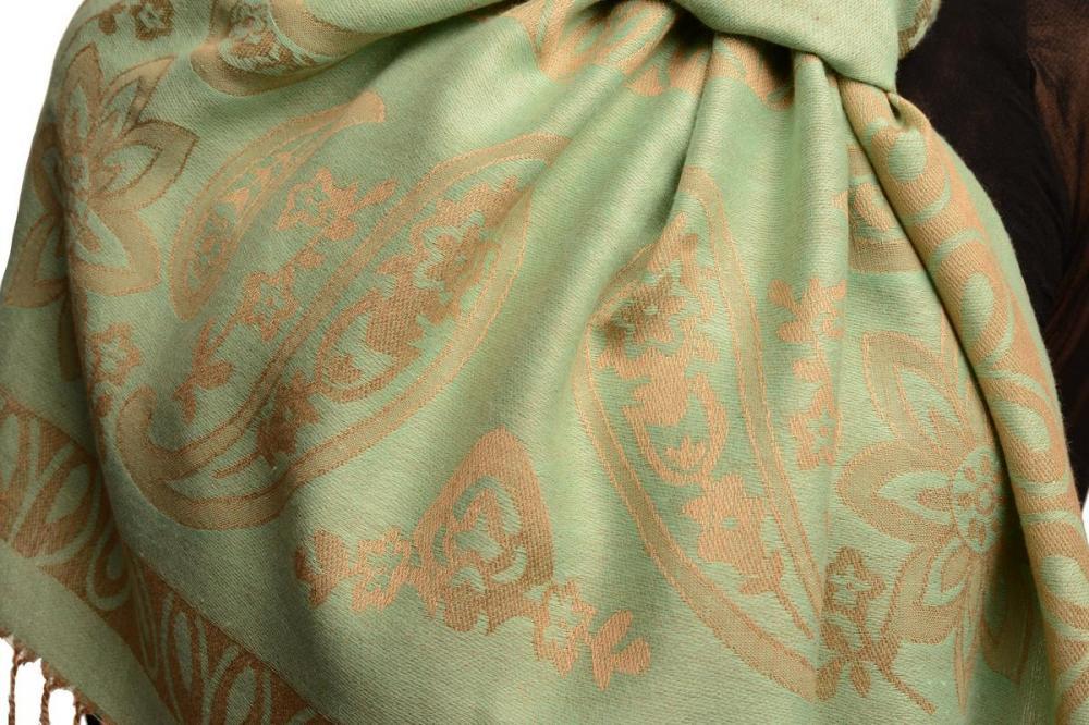Liss Kiss Frames And Paisleys On Moss Green Pashmina Feel With Tassels - Scarf