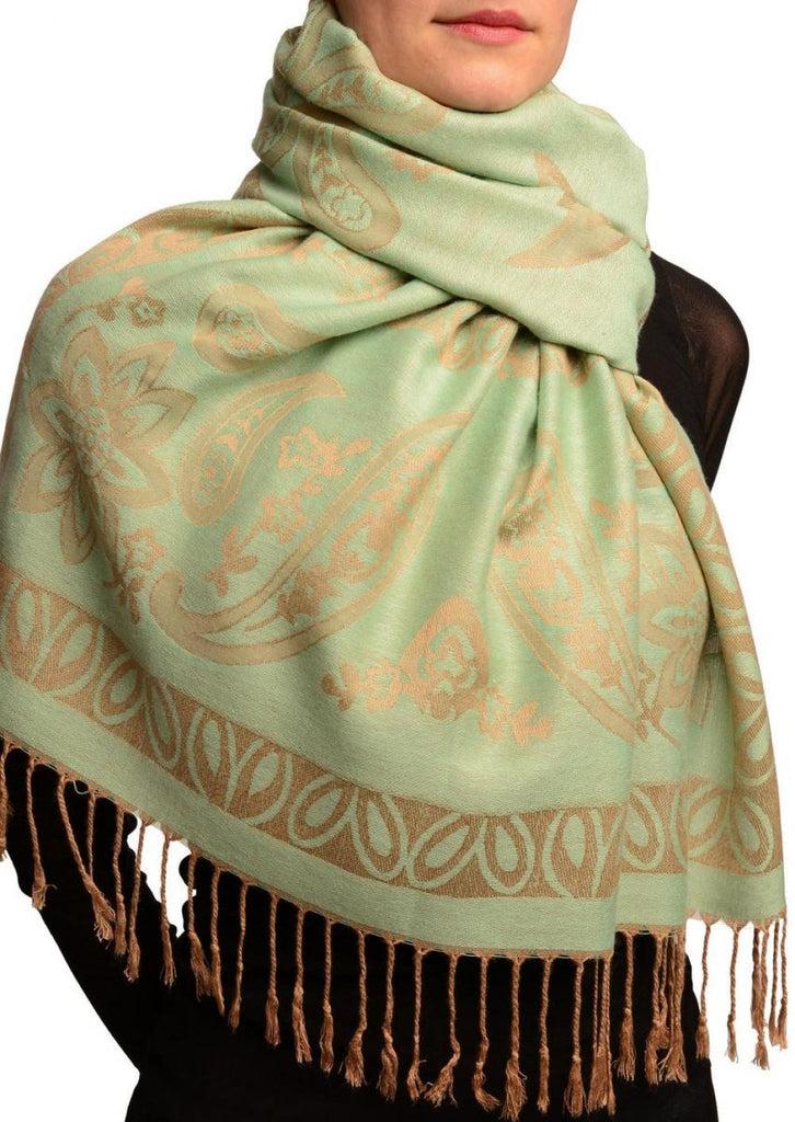 Liss Kiss Frames And Paisleys On Moss Green Pashmina Feel With Tassels - Scarf