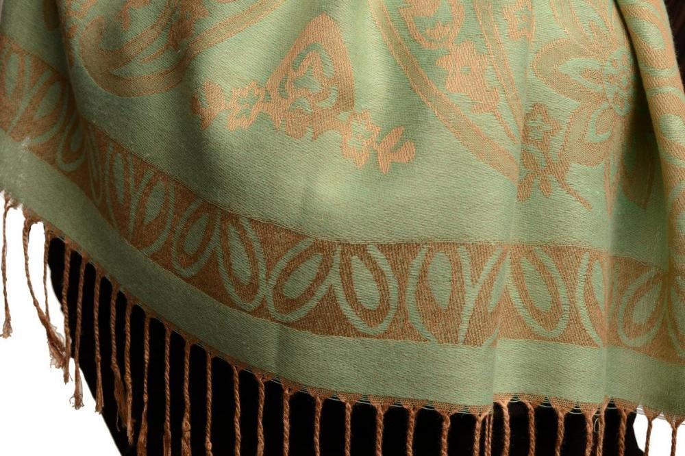 Liss Kiss Frames And Paisleys On Moss Green Pashmina Feel With Tassels - Scarf
