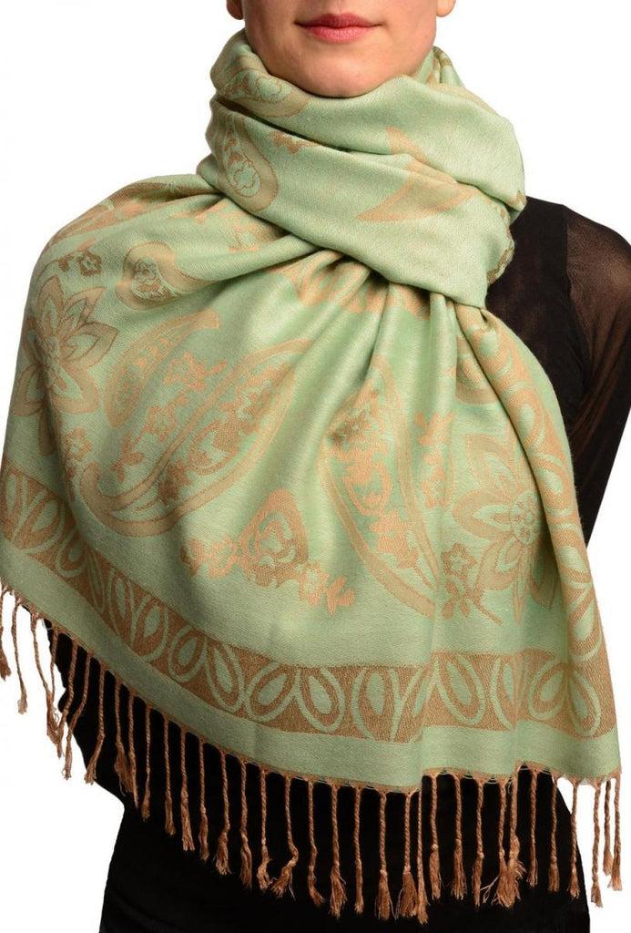 Liss Kiss Frames And Paisleys On Moss Green Pashmina Feel With Tassels - Scarf