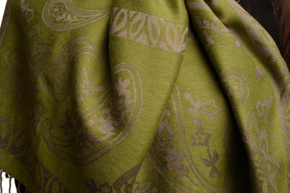 Liss Kiss Frames And Paisleys On Olive Green Pashmina Feel With Tassels - Scarf