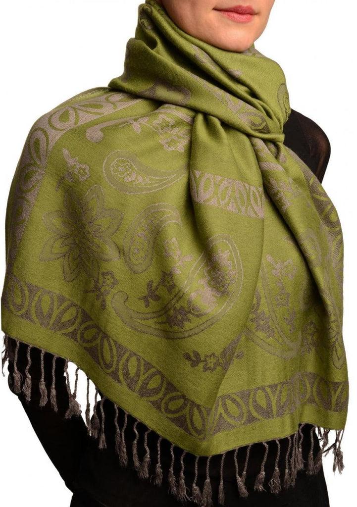 Liss Kiss Frames And Paisleys On Olive Green Pashmina Feel With Tassels - Scarf