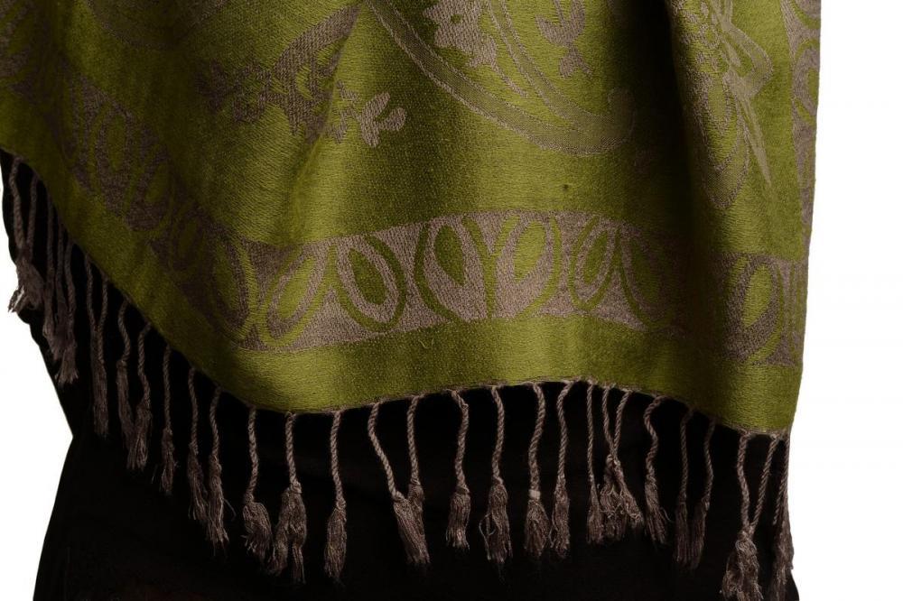 Liss Kiss Frames And Paisleys On Olive Green Pashmina Feel With Tassels - Scarf