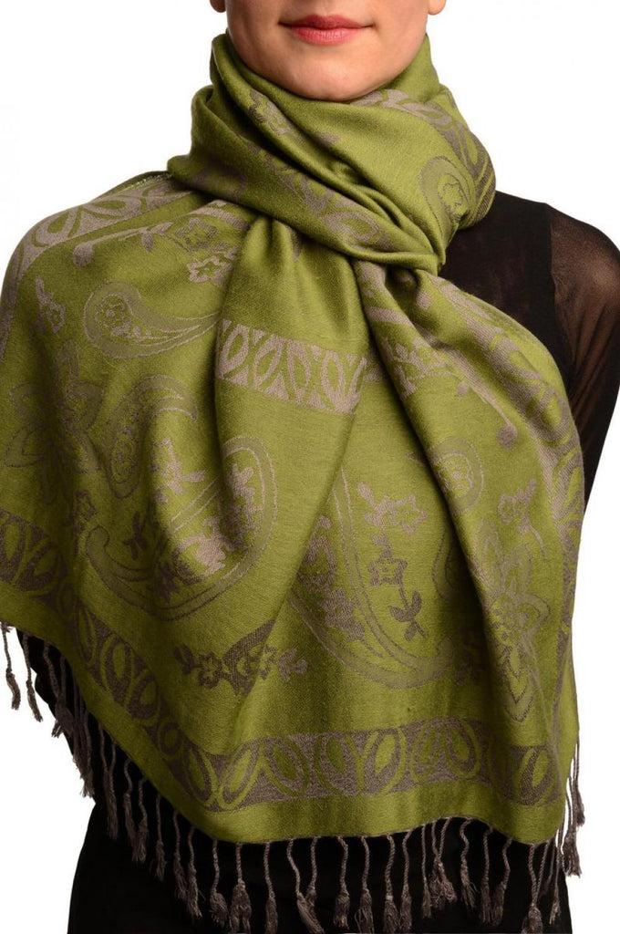 liss kiss Frames and Paisleys On Olive Green Pashmina Feel With Tassels - Scarf
