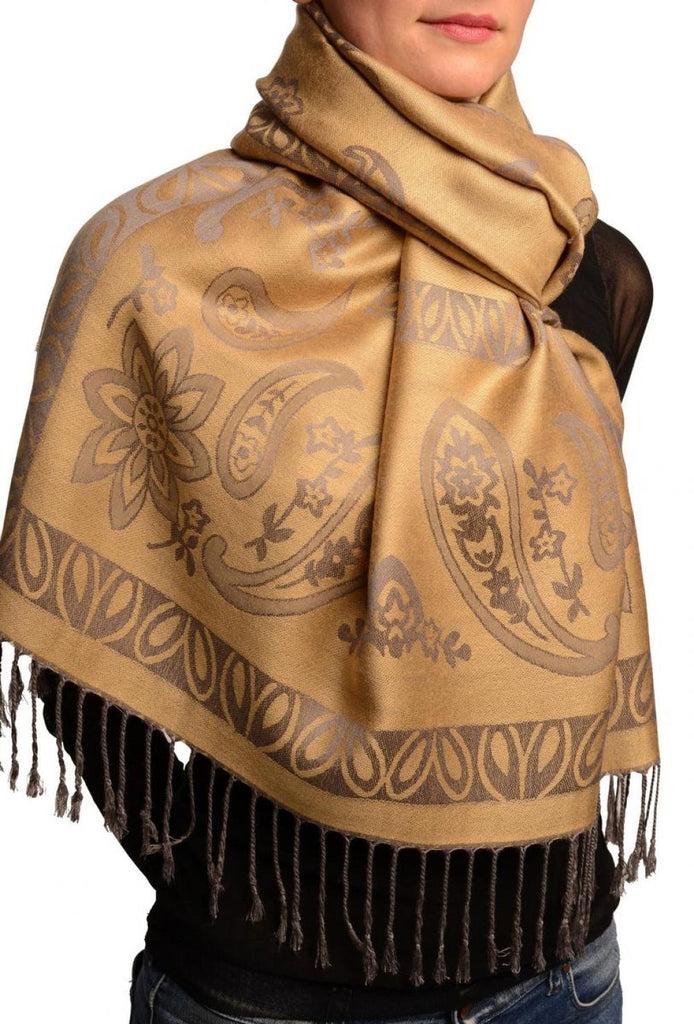 Liss Kiss Frames And Paisleys On Peanut Brown Pashmina Feel With Tassels - Scarf