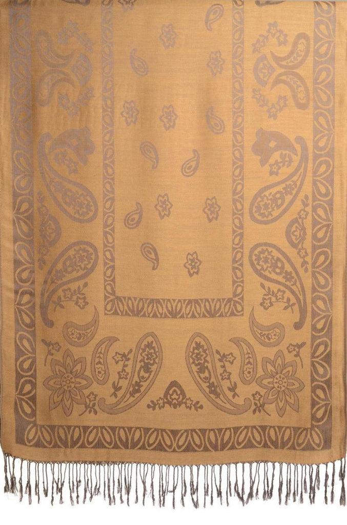 Liss Kiss Frames And Paisleys On Peanut Brown Pashmina Feel With Tassels - Scarf
