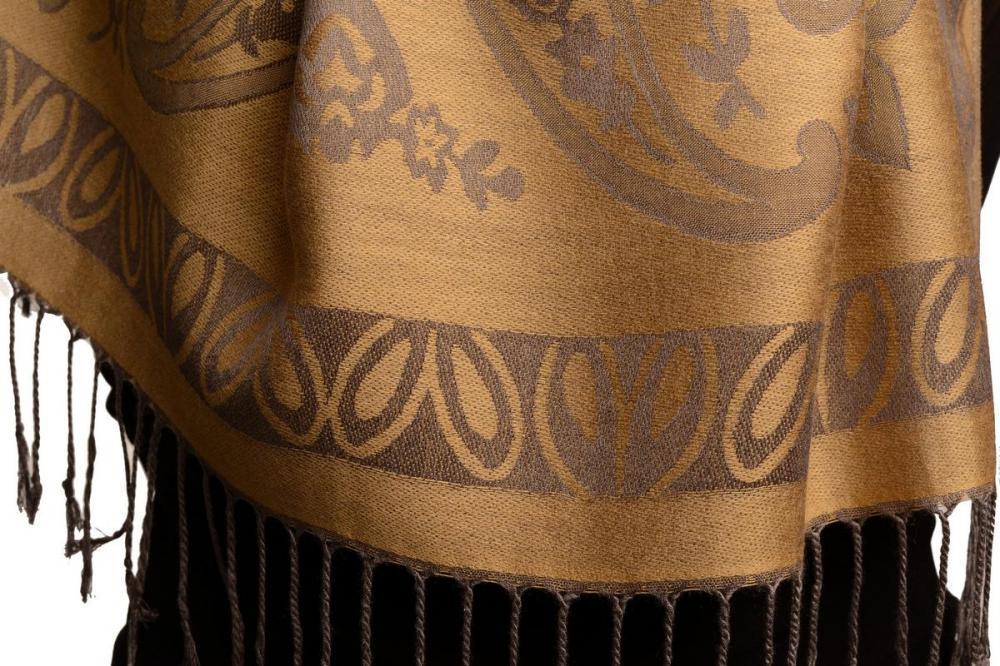 Liss Kiss Frames And Paisleys On Peanut Brown Pashmina Feel With Tassels - Scarf