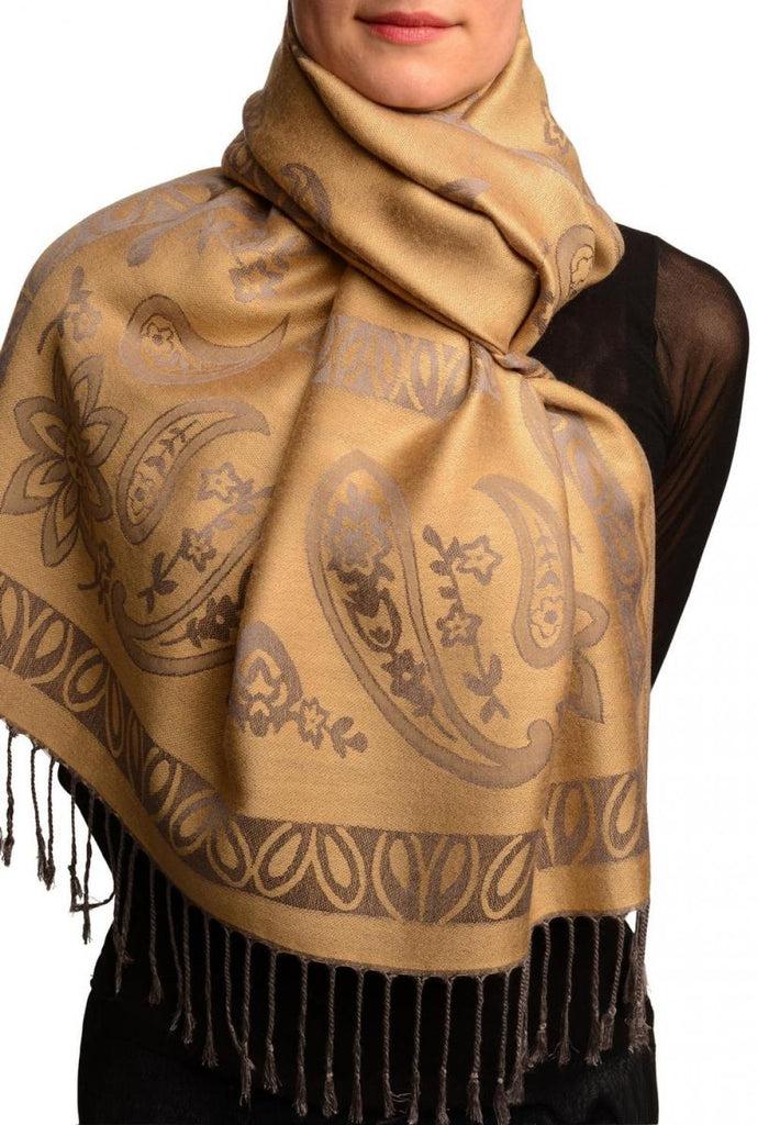 liss kiss Frames and Paisleys On Peanut Brown Pashmina Feel With Tassels - Scarf