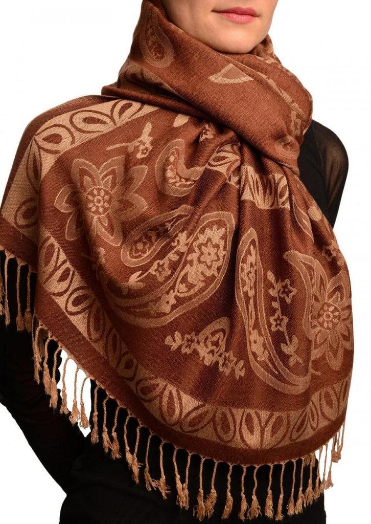 Liss Kiss Frames And Paisleys On Pecan Brown Pashmina Feel With Tassels - Scarf