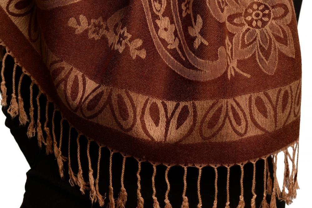 Liss Kiss Frames And Paisleys On Pecan Brown Pashmina Feel With Tassels - Scarf