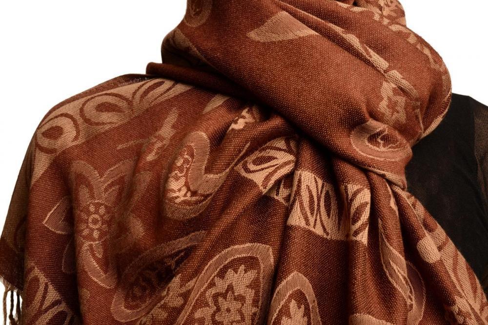 Liss Kiss Frames And Paisleys On Pecan Brown Pashmina Feel With Tassels - Scarf