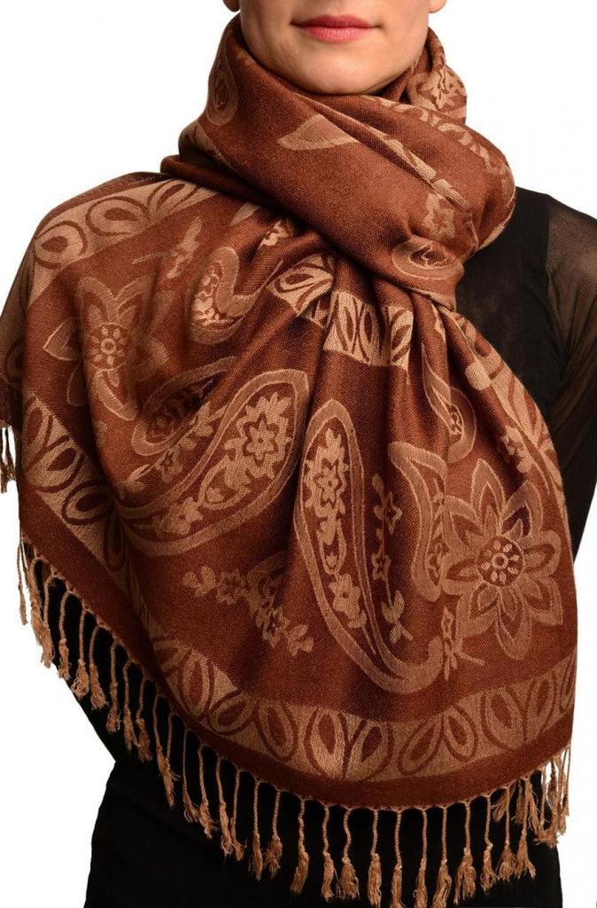 liss kiss Frames and Paisleys On Pecan Brown Pashmina Feel With Tassels - Scarf