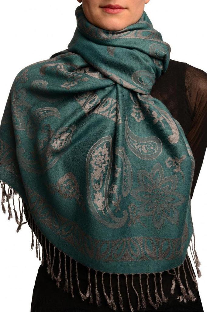 liss kiss Frames and Paisleys On Prussian Blue Pashmina Feel With Tassels - Scarf