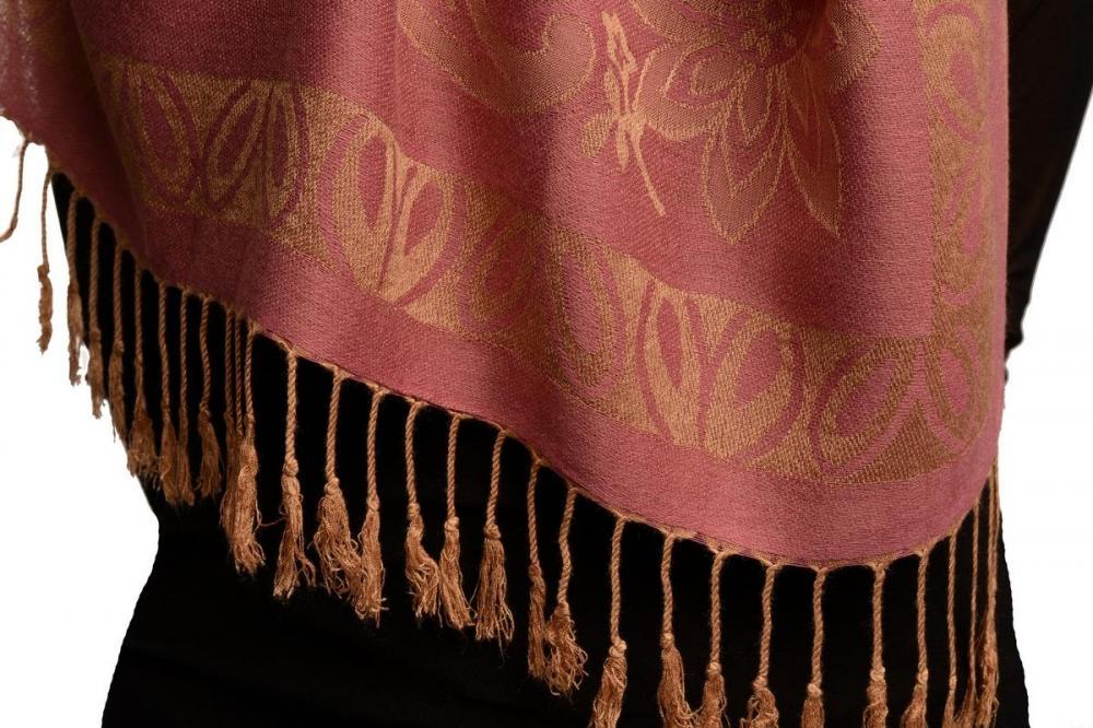 Liss Kiss Frames And Paisleys On Puce Pink Pashmina Feel With Tassels - Scarf