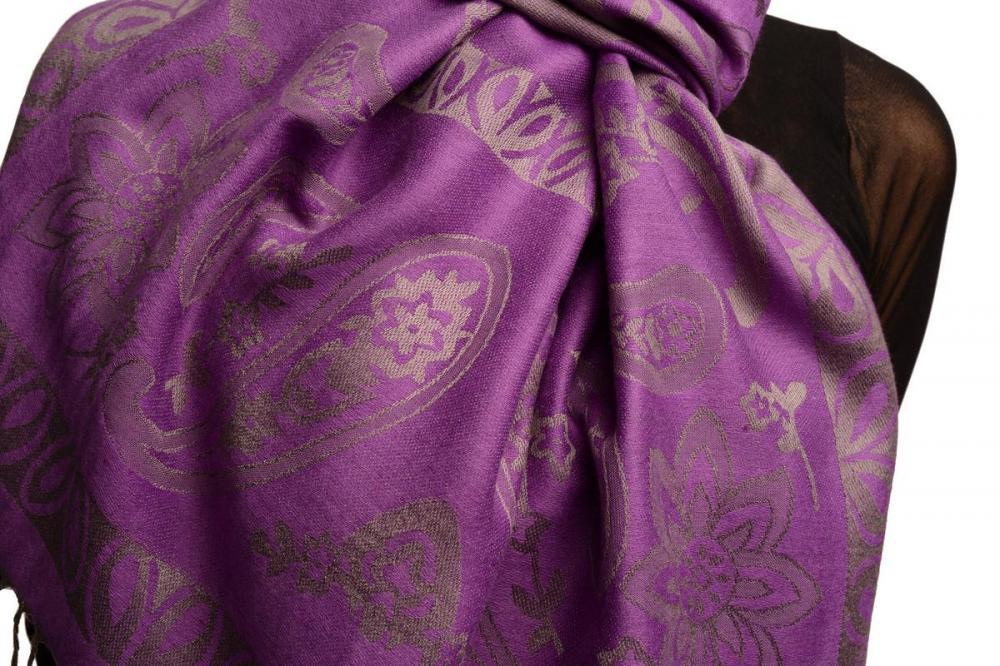 Liss Kiss Frames And Paisleys On Purple Pashmina Feel With Tassels - Scarf