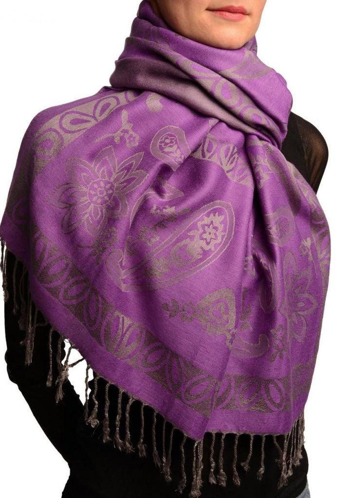 Liss Kiss Frames And Paisleys On Purple Pashmina Feel With Tassels - Scarf