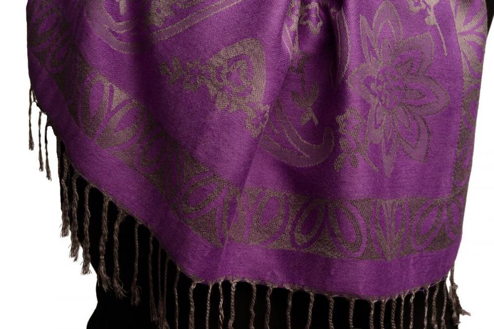 Liss Kiss Frames And Paisleys On Purple Pashmina Feel With Tassels - Scarf