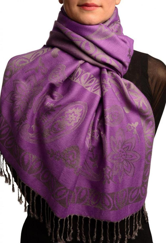 liss kiss Frames and Paisleys On Purple Pashmina Feel With Tassels - Scarf