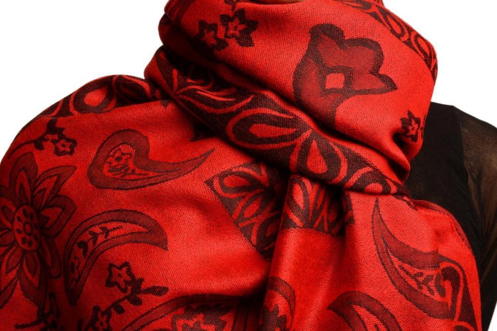 Liss Kiss Frames And Paisleys On Red Pashmina Feel With Tassels - Scarf