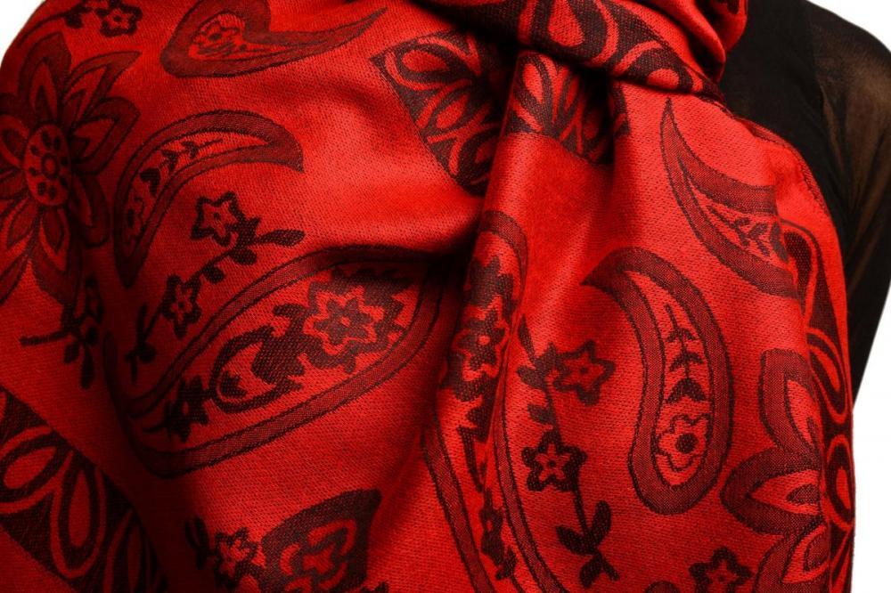 Liss Kiss Frames And Paisleys On Red Pashmina Feel With Tassels - Scarf