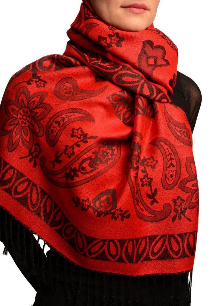 Liss Kiss Frames And Paisleys On Red Pashmina Feel With Tassels - Scarf
