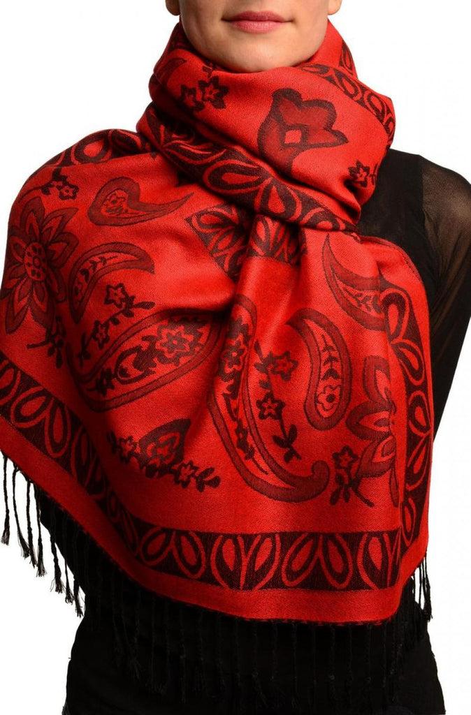 liss kiss Frames and Paisleys On Red Pashmina Feel With Tassels - Scarf