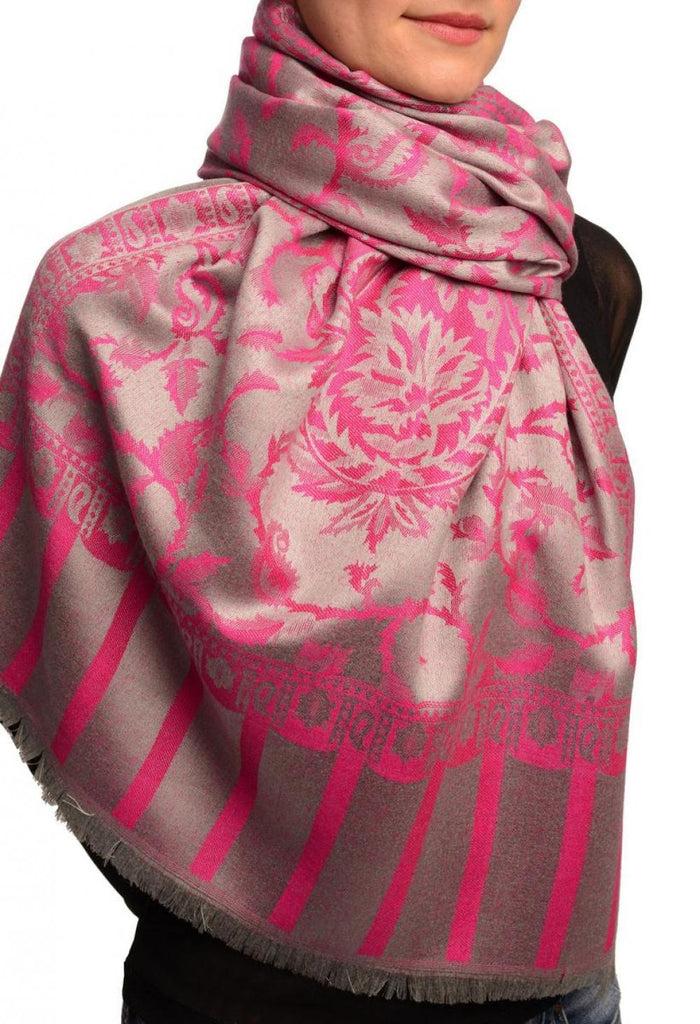 Liss Kiss Fuchsia Pink Large Paisley On Grey Pashmina Feel - Scarf