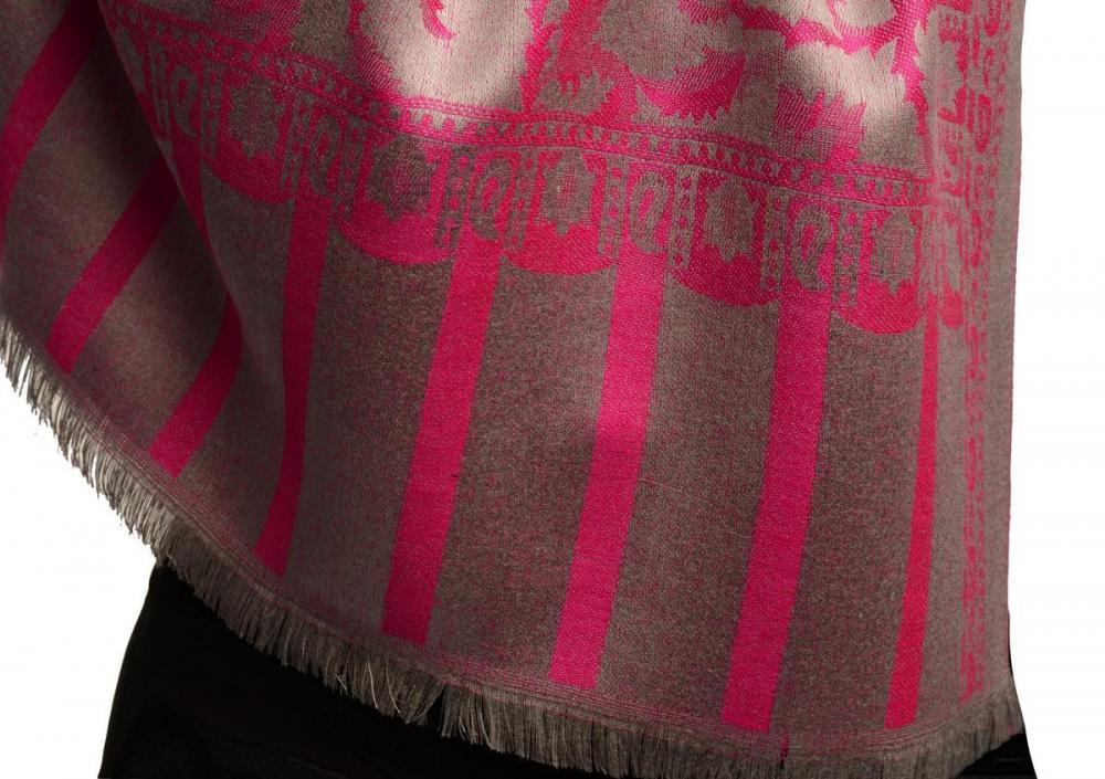 Liss Kiss Fuchsia Pink Large Paisley On Grey Pashmina Feel - Scarf