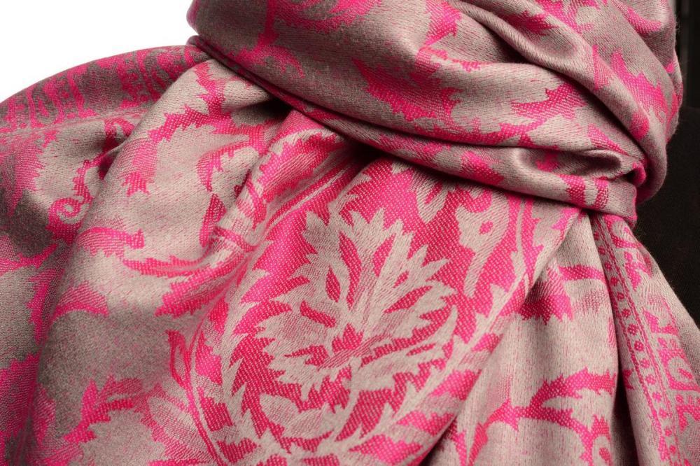 Liss Kiss Fuchsia Pink Large Paisley On Grey Pashmina Feel - Scarf