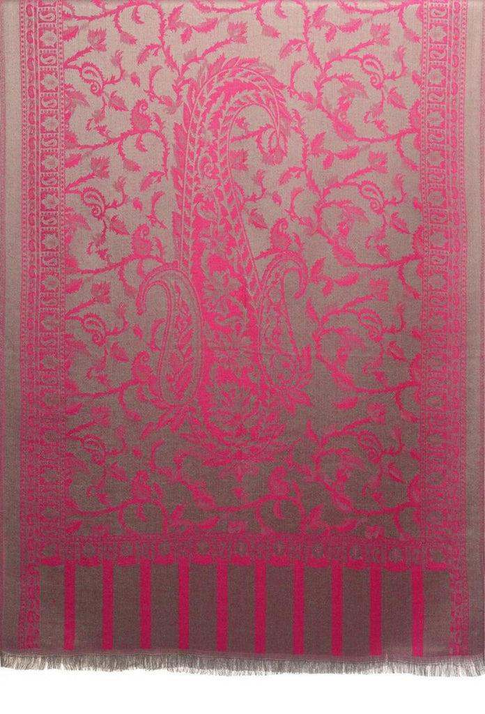 Liss Kiss Fuchsia Pink Large Paisley On Grey Pashmina Feel - Scarf