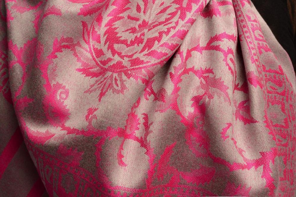 Liss Kiss Fuchsia Pink Large Paisley On Grey Pashmina Feel - Scarf