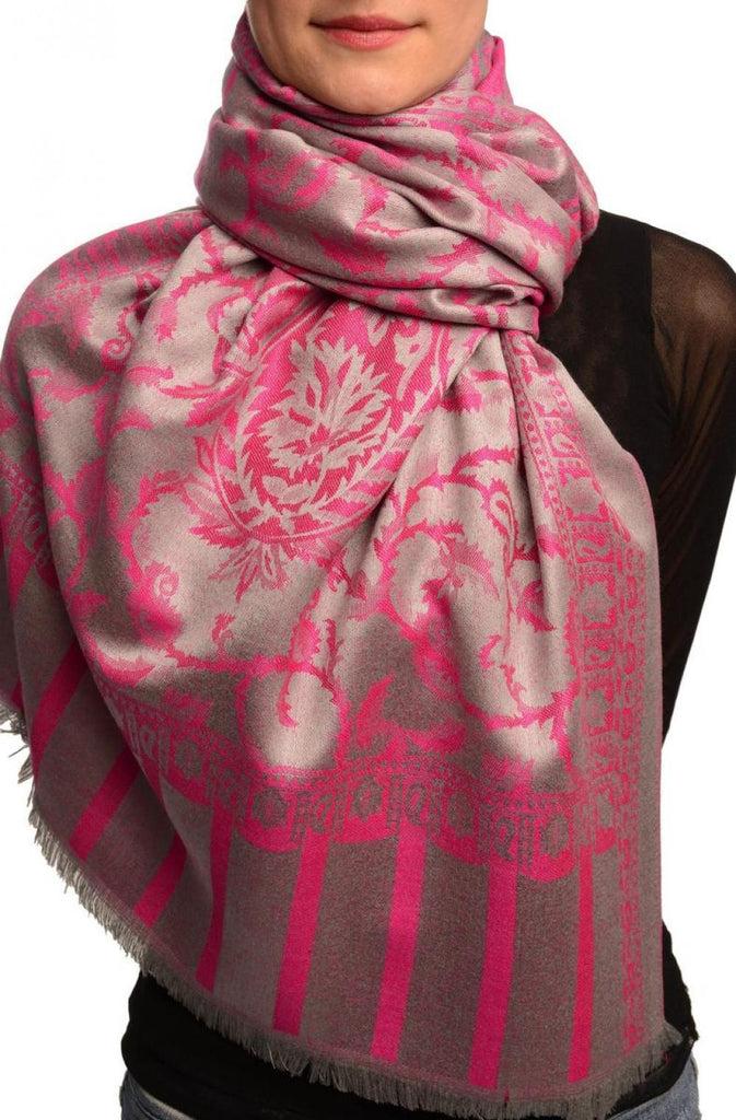 liss kiss Fuchsia Pink Large Paisley On Grey Pashmina Feel - Scarf