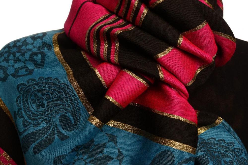 Liss Kiss Fuchsia Pink Stripes & Gold Lurex Pashmina With Tassels - Scarf