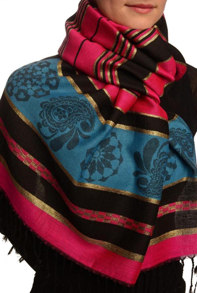 Liss Kiss Fuchsia Pink Stripes & Gold Lurex Pashmina With Tassels - Scarf