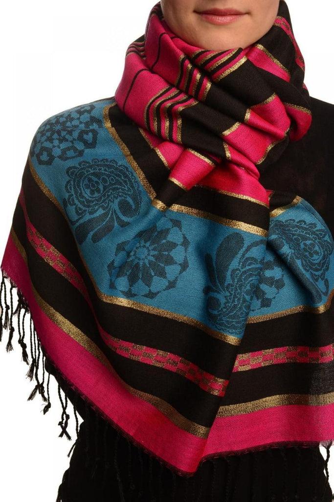 liss kiss Fuchsia Pink Stripes & Gold Lurex Pashmina With Tassels - Scarf
