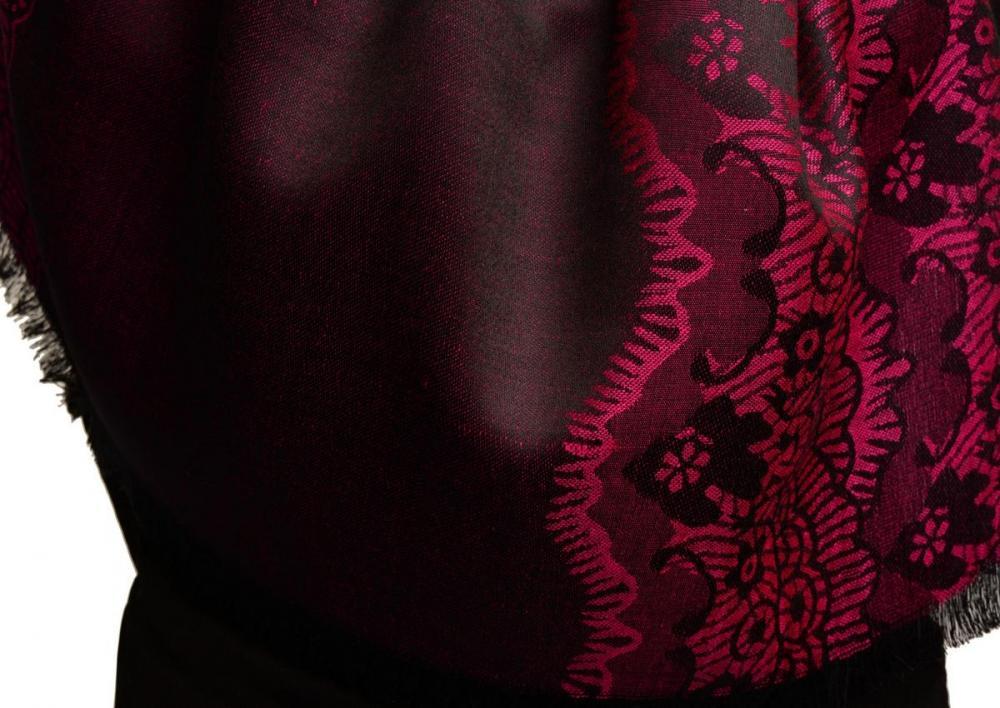 Liss Kiss Fuchsia Pink Woven Lace On Black Pashmina Feel - Scarf