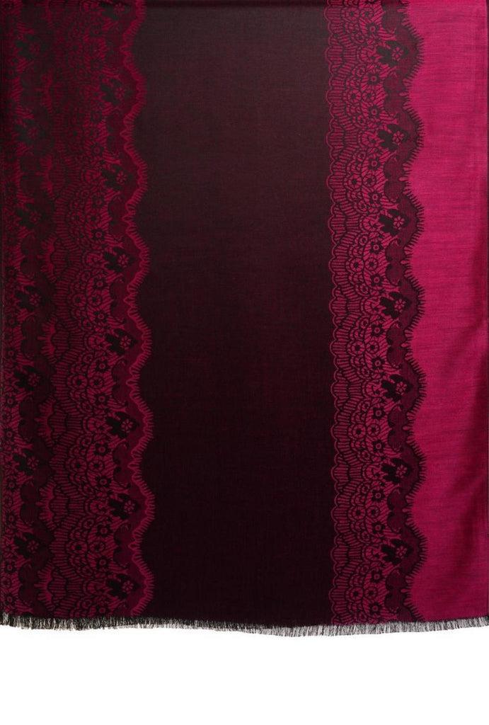 Liss Kiss Fuchsia Pink Woven Lace On Black Pashmina Feel - Scarf